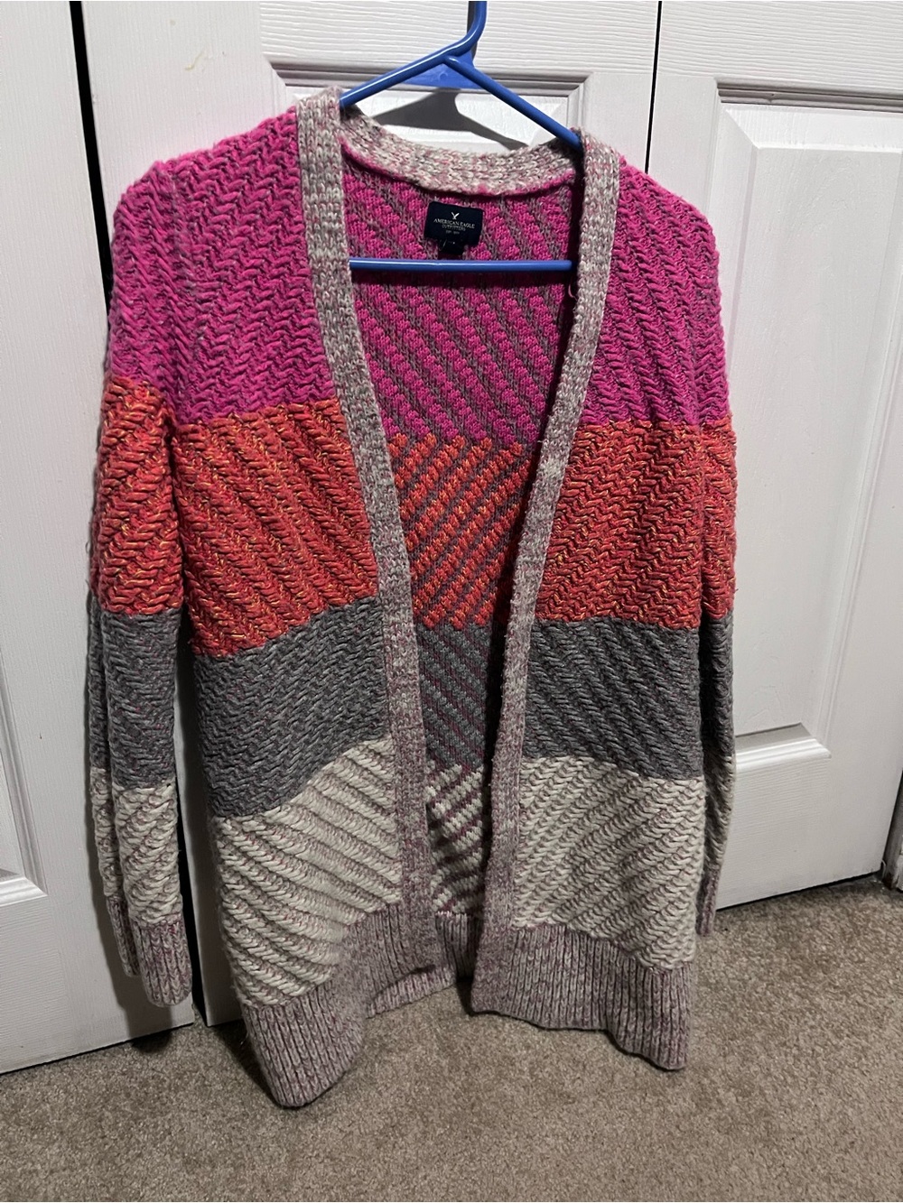 Cozy Colorblock Open-Front Women's Sweater Cardigan - Pink/Orange/Gray